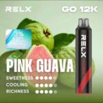 RELX悅刻GO 12K拋棄式電子煙口味推薦：粉紅芭樂（Pink Guava）12000口一次性機種與綠色外包裝展示，主打還原紅心芭樂爆汁多汁體感，由小七糖果屋提供官方LINE現貨訂購管道。
